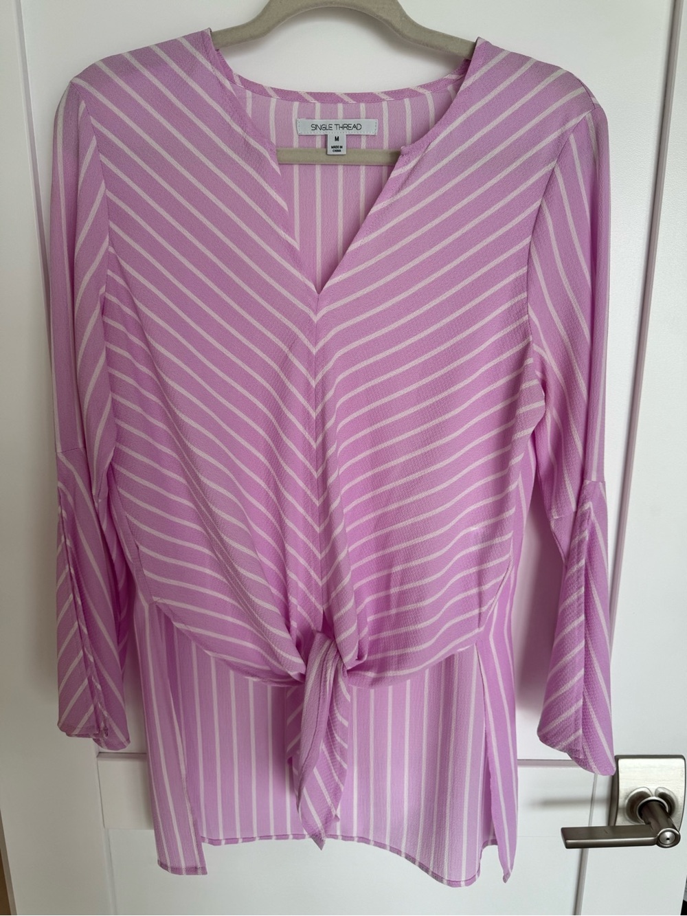 Lilac Stripe Tie-Front V-Neck Hi Low Blouse